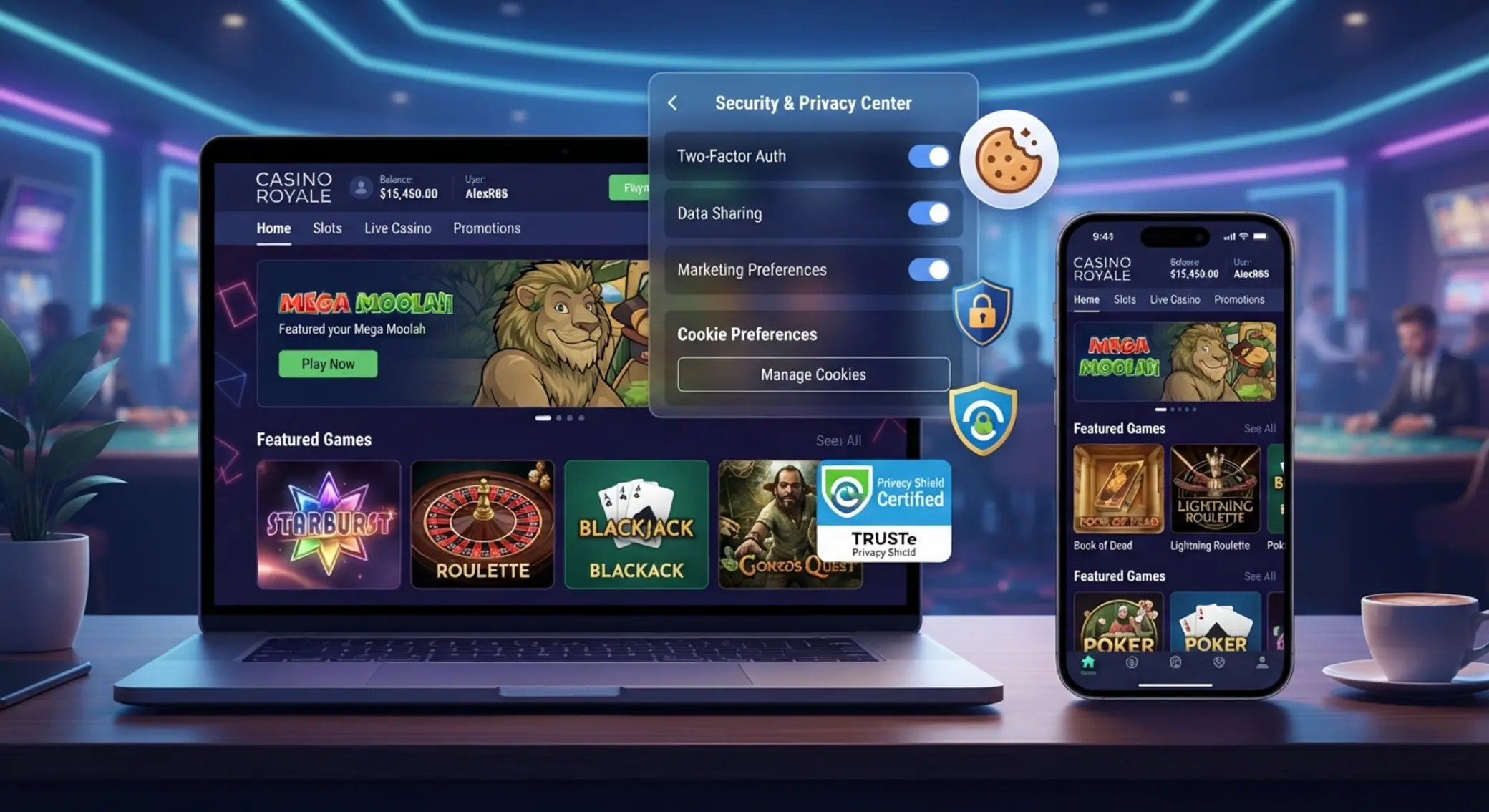 Pliki cookies w kasynie online Ekran kasyna online z ikonami cookies i prywatności