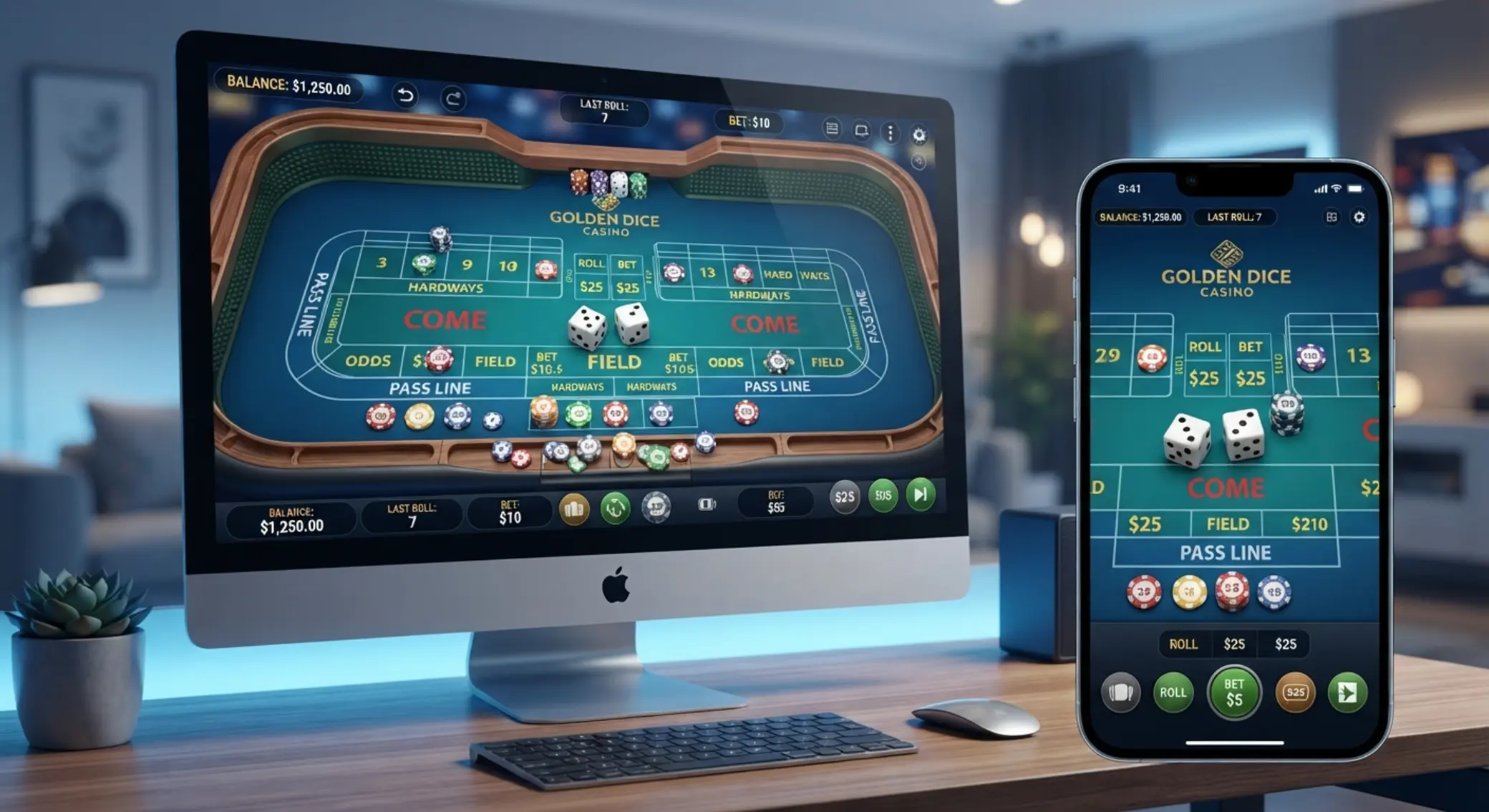 Stół do craps online na komputerze Widok stołu do craps online na ekranie