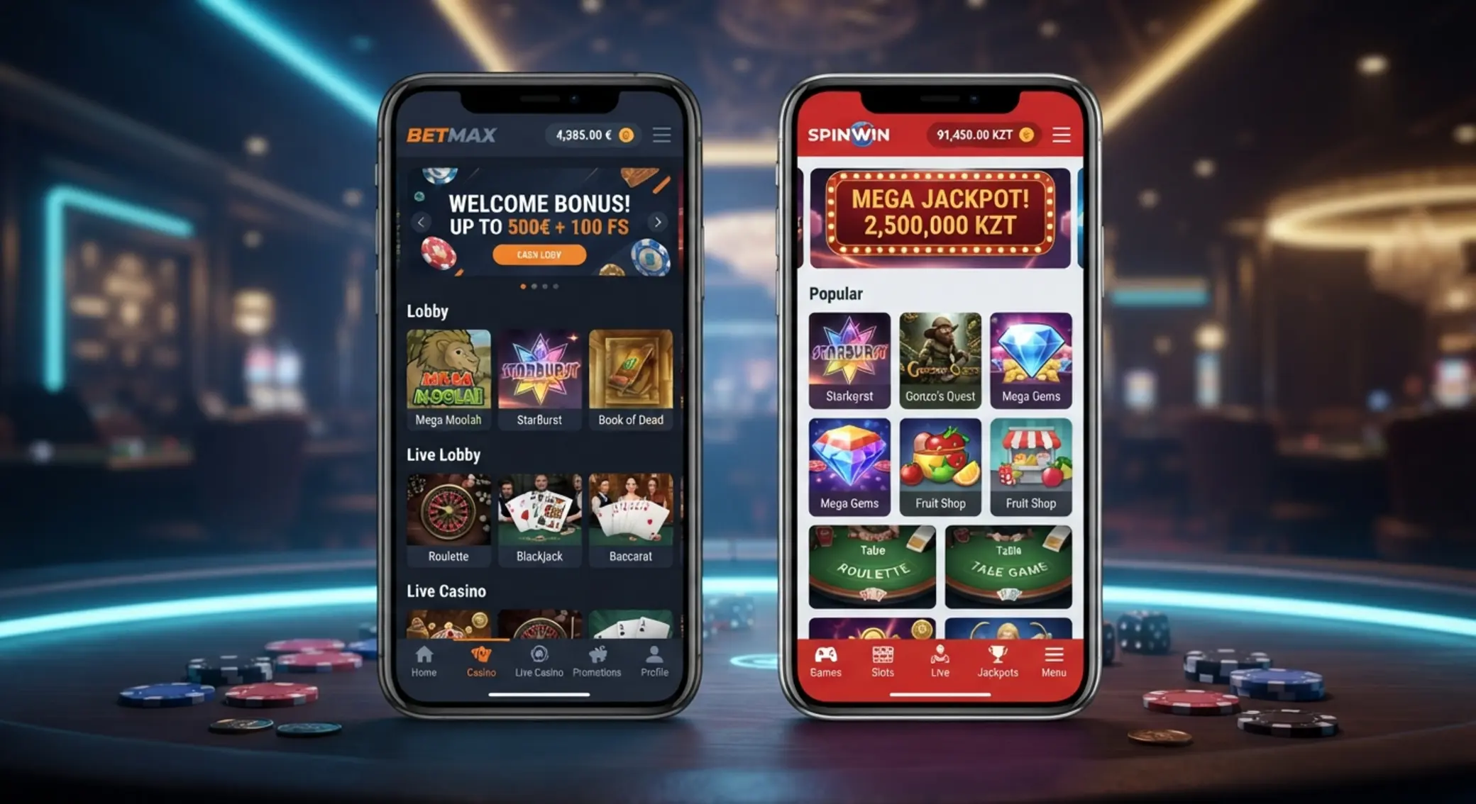GGBet i Spin City na ekranie telefonu Dwa telefony z porównaniem lobby kasyna mobilnego