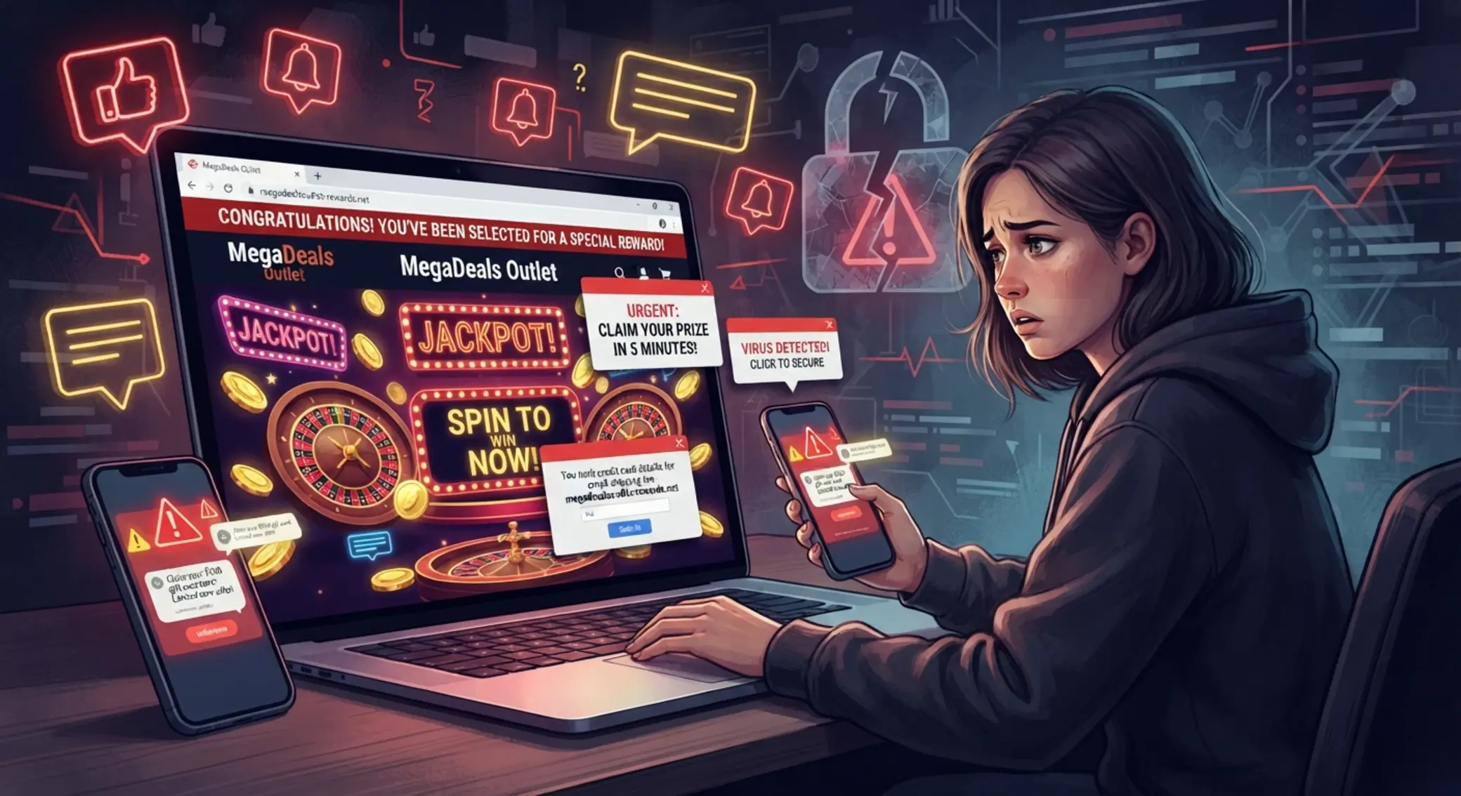 Oszustwo online z wykorzystaniem rozpoznawalnej marki Ilustracja internetowego oszustwa podszywającego się pod znaną markę