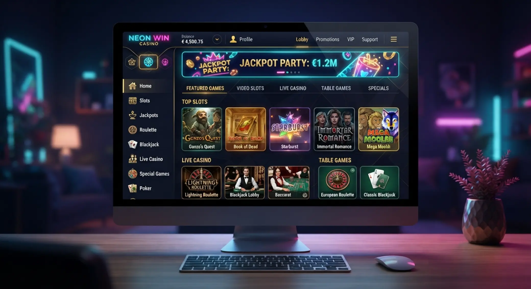 Lobby gier kasynowych online Lobby kasyna online z ikonami slotów, ruletki, blackjacka i gier na żywo