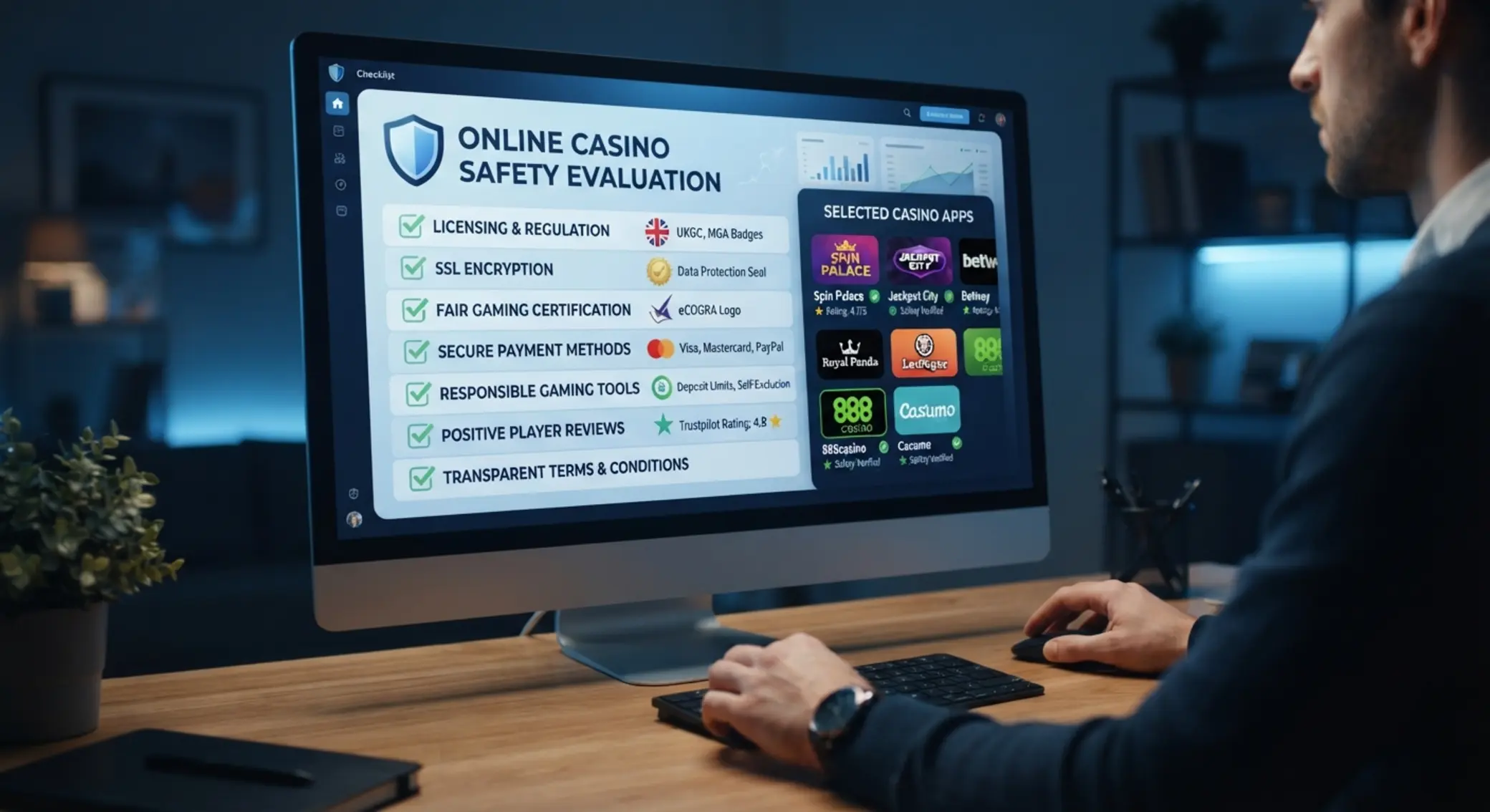 Grafika z checklistą wyboru bezpiecznego kasyna online