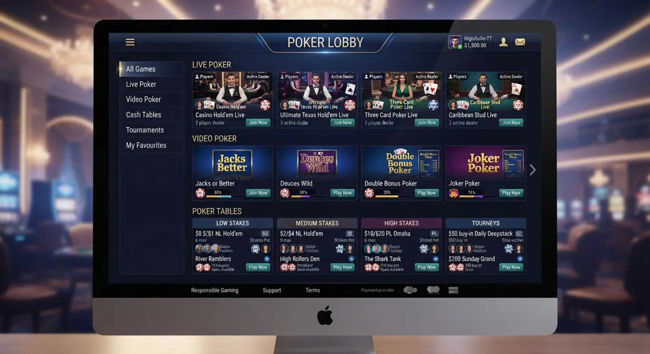 Lobby kasyna online z różnymi stołami pokerowymi