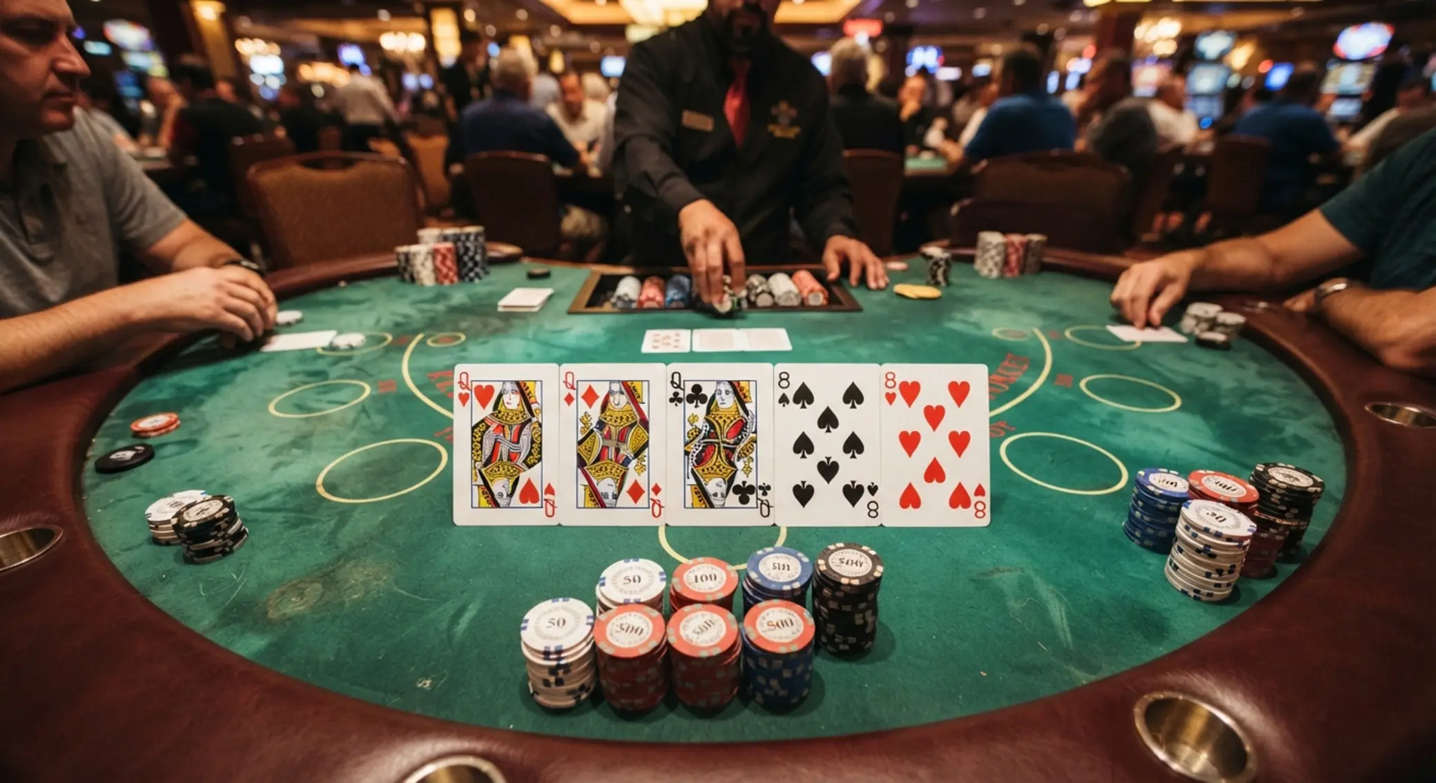 Stół pokerowy z mocnym układem kart i żetonami
