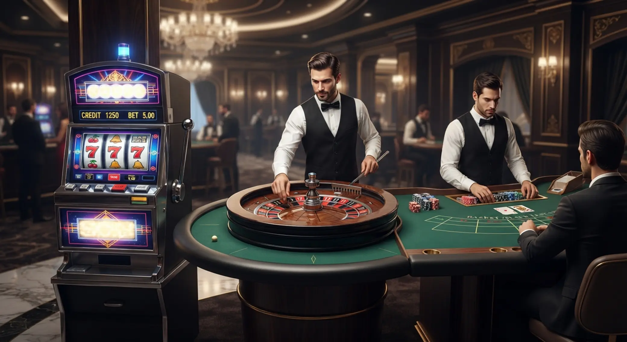 Ilustracja różnych gier kasynowych: slot, ruletka i stół kart