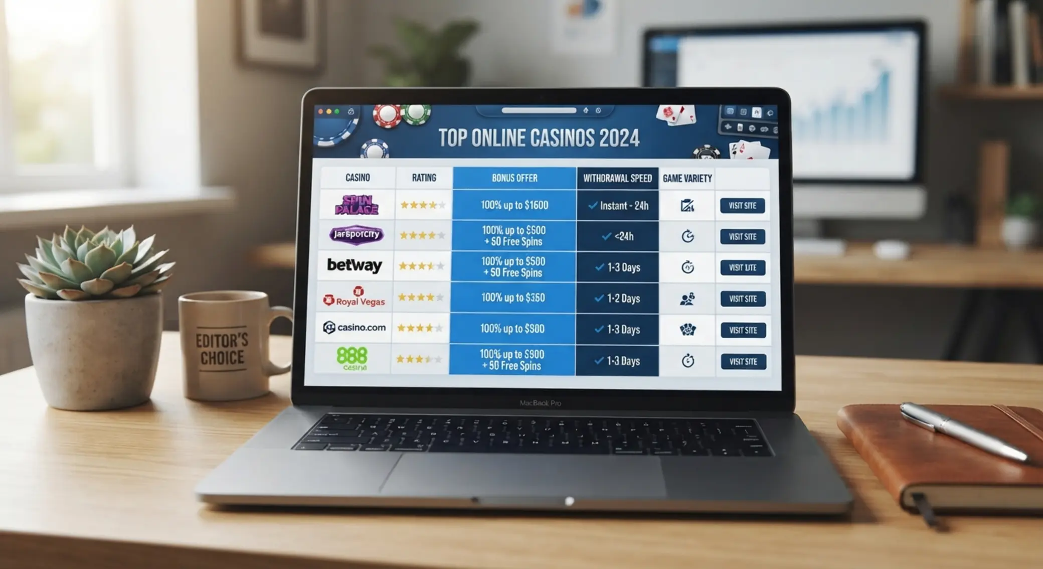 Tabela porównawcza kasyn online na ekranie laptopa